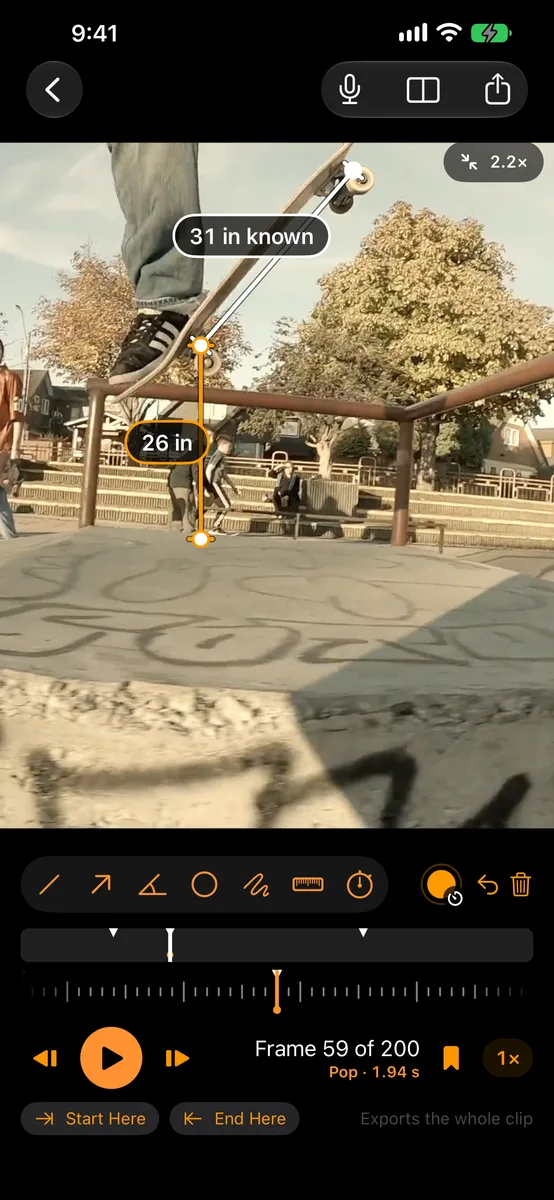 Replay Breakdown on an iPhone, zoomed in on a skateboarder at the pop: the board marked as a known 31 inches, and a line from the box to the tail reading 26 inches, on the frame named Pop