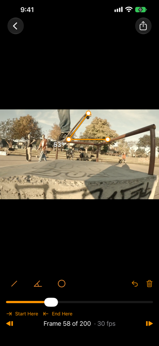 Replay Breakdown on an iPhone: a skateboarder at the pop, with an angle drawn from the tail along the board reading 53 degrees