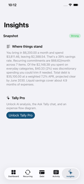 Tally Insights screen showing a plain-language financial summary and the Tally Pro unlock