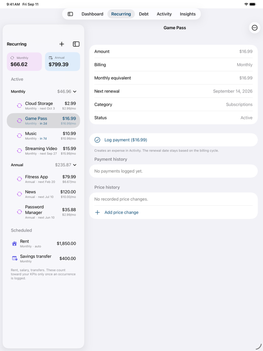 Tally on iPad showing the subscription list in a sidebar with one subscription's renewals and price history open beside it