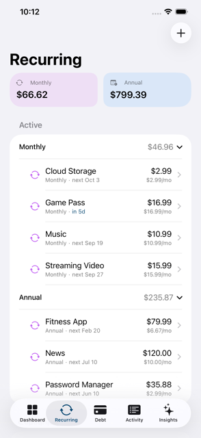 Tally Recurring screen listing monthly and annual subscriptions