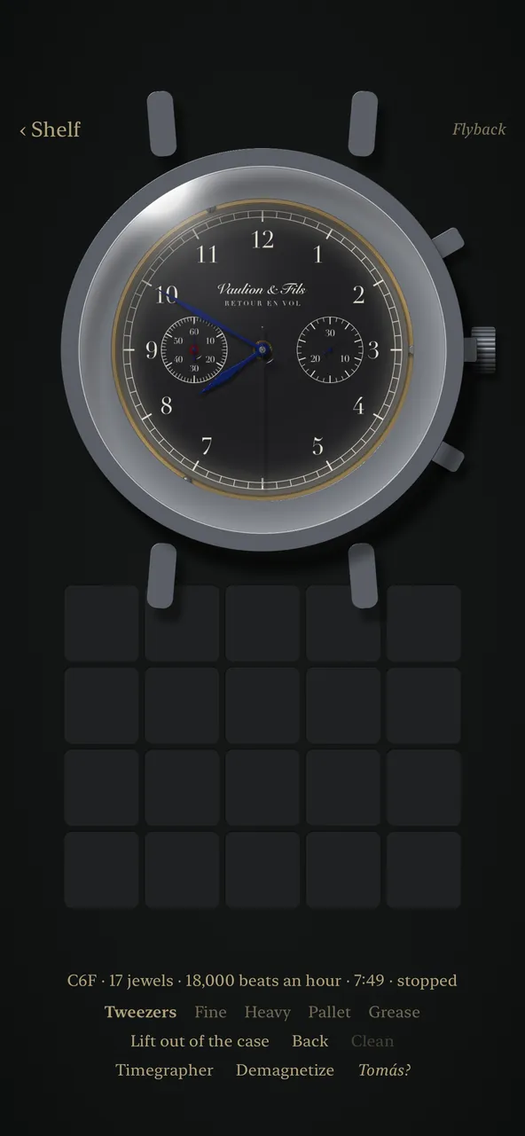 A pilot's flyback chronograph on the bench, dial side up: a black dial, small seconds at nine and a thirty-minute counter at three