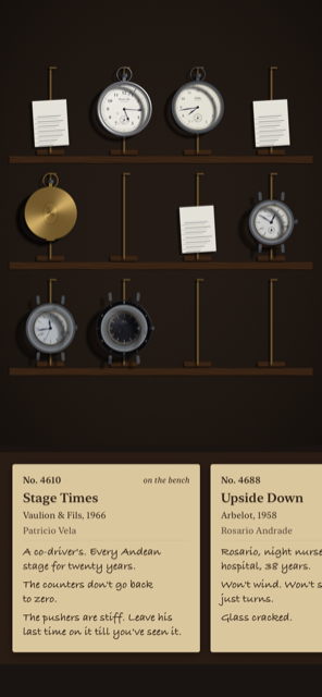 The workshop shelf: repaired pocket and wrist watches standing on brass stands, each running, with letters in place of the ones that went home, and the drawer of unopened envelopes below