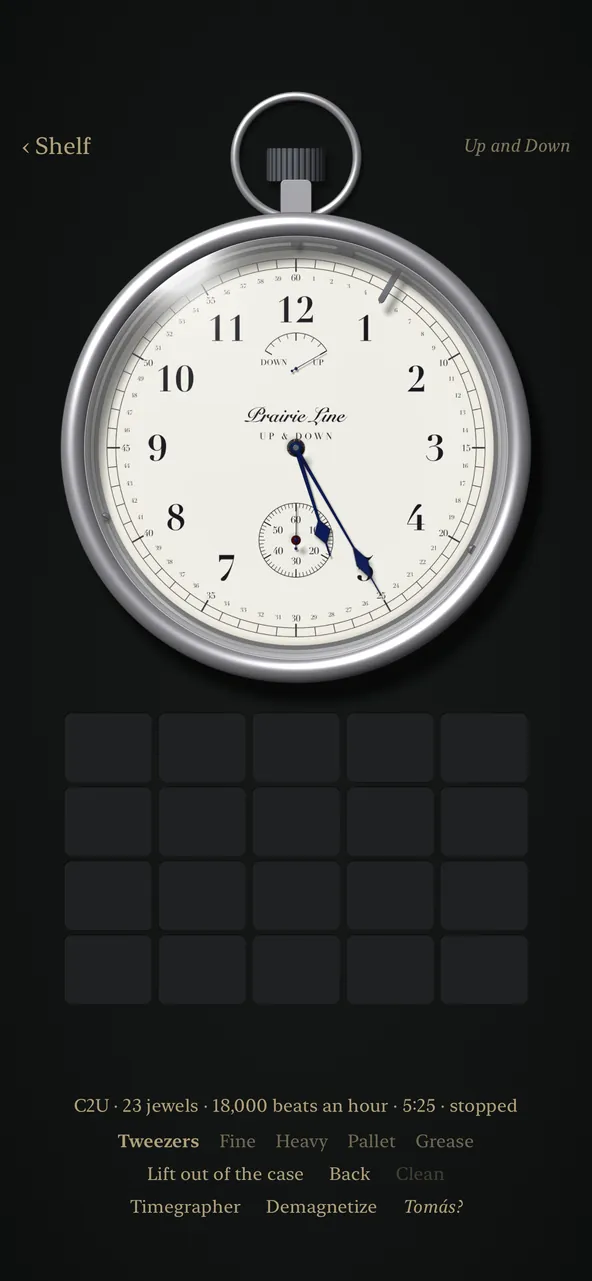 A railroad pocket watch dial with every minute numbered and a small arc at twelve marked DOWN to UP, its hand at UP
